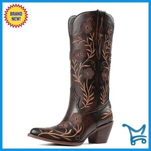 Wide Calf Knee High Western Boots Chunky Heel Pointed Toe Flower Embroidered